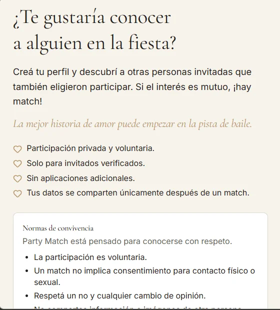 Pantalla de ingreso a Party Match con sus reglas de participación.