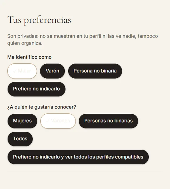 Elección privada de preferencias dentro de Party Match.