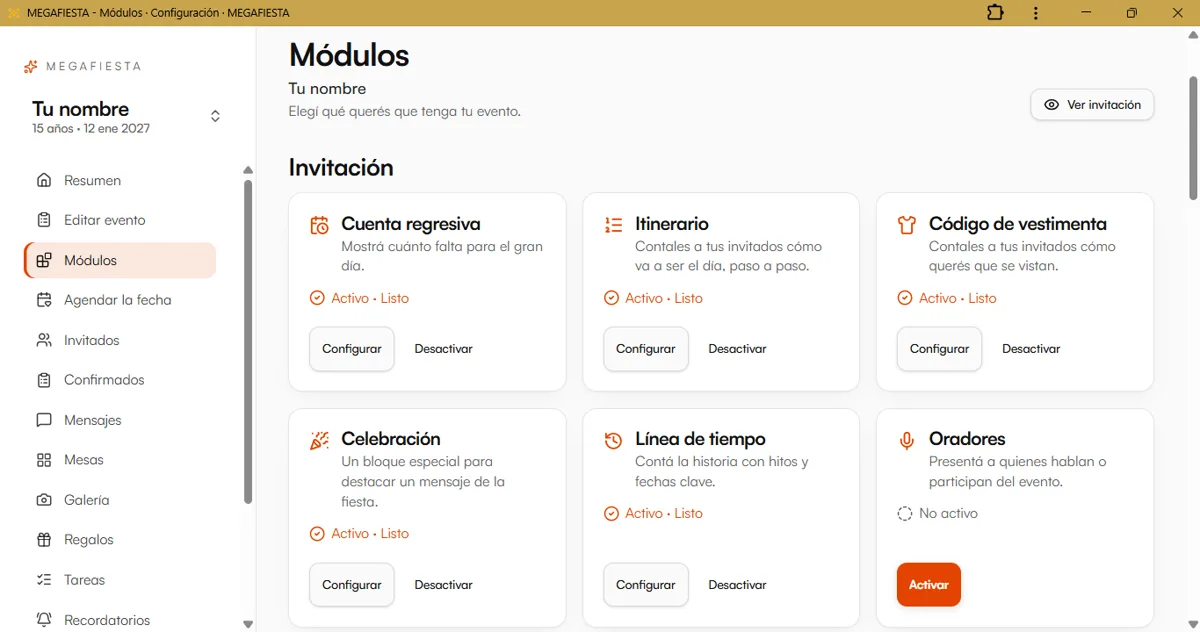 Panel de módulos de MEGAFIESTA: cuenta regresiva, itinerario, código de vestimenta y más.